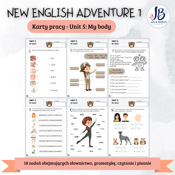 New English Adventure 1 – Unit 5: My Body – karty pracy