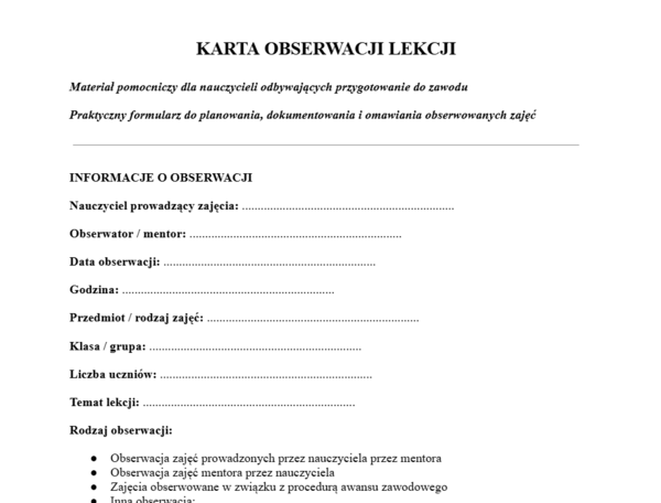 Karta obserwacji lekcji w awansie zawodowym nauczyciela