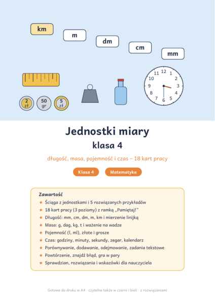 Jednostki miary klasa 4: długość, masa, pojemność i czas – karty pracy