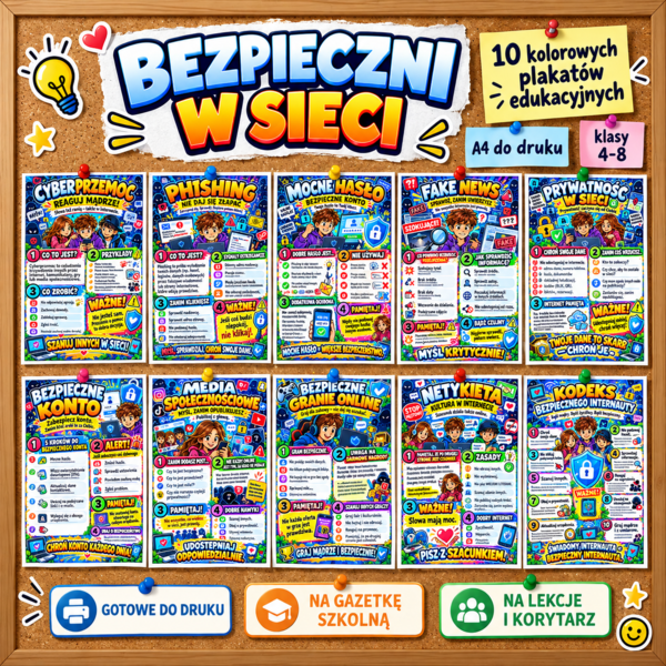 BEZPIECZNI W SIECI – 10 kolorowych plakatów edukacyjnych A4 do druku