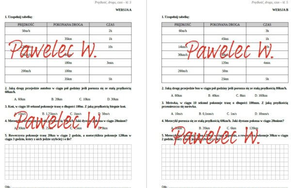 Prędkość, droga czas - karta pracy, kartkówka kl. 5, dwie grupy (wersja A i B)