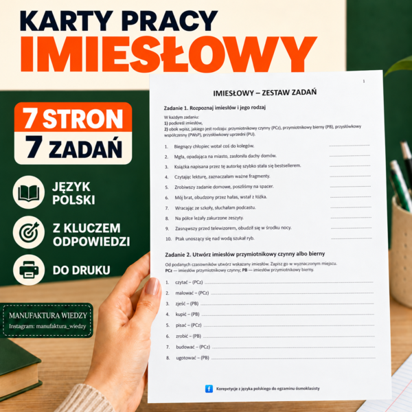 Imiesłowy – karty pracy z odpowiedziami | język polski, klasy 7–8 | egzamin ósmoklasisty