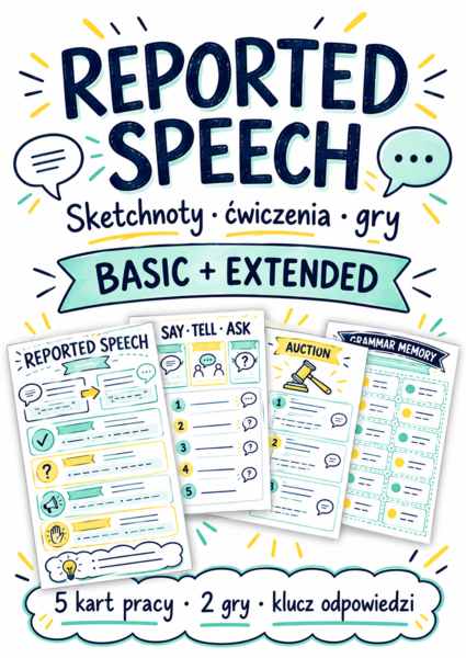 Reported Speech – sketchnoty Basic i Extended, karty pracy oraz gry gramatyczne