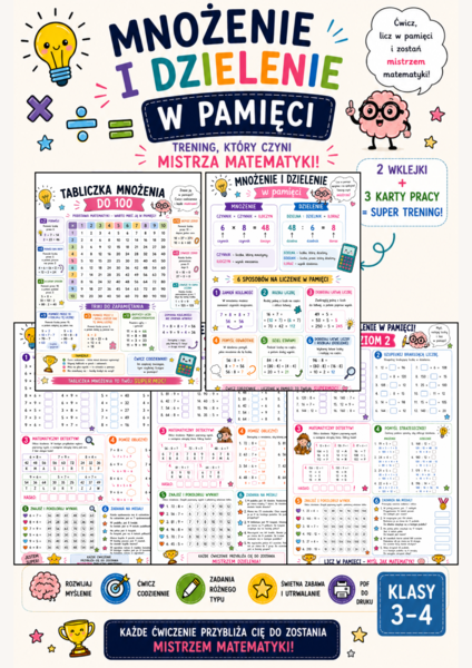 Mnożenie i dzielenie w pamięci – 2 wklejki + 3 karty pracy | klasy 3–4