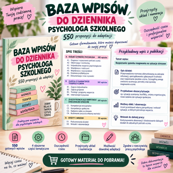 Baza wpisów do dziennika psychologa szkolnego – 550 gotowych propozycji do adaptacji | Dokumentacja psychologa