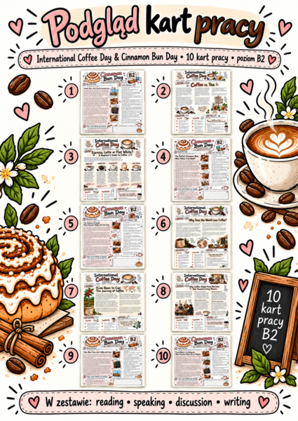10 kart pracy: Reading, speaking, writing: International Coffee Day & Cinnamon Bun Day – Kanelbullens dag.