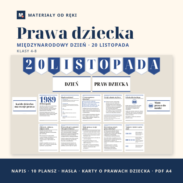 Gazetka na Międzynarodowy Dzień Praw Dziecka 20 listopada: napis, 10 plansz o prawach dziecka, hasła i karty do wycięcia, klasy 4-8