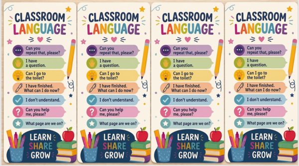 Classroom language - zakładki  ze zwrotami w klasie