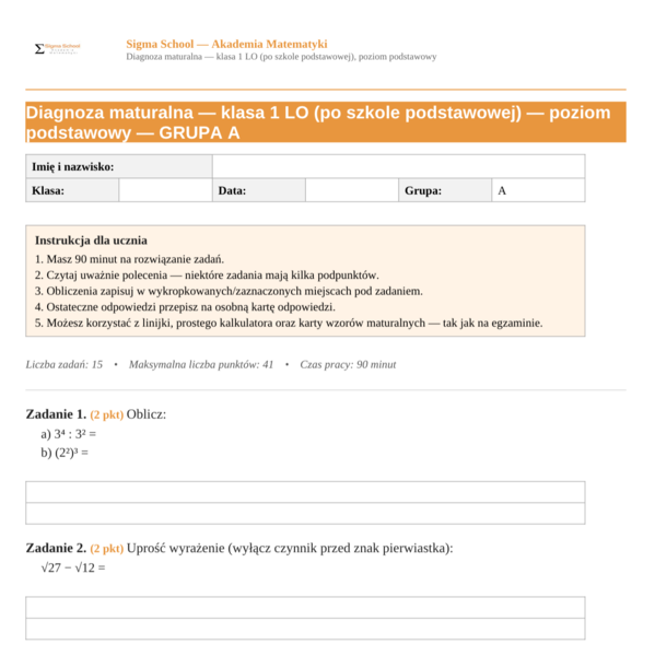 Diagnoza z matematyki – klasa 1 LO (poziom podstawowy)