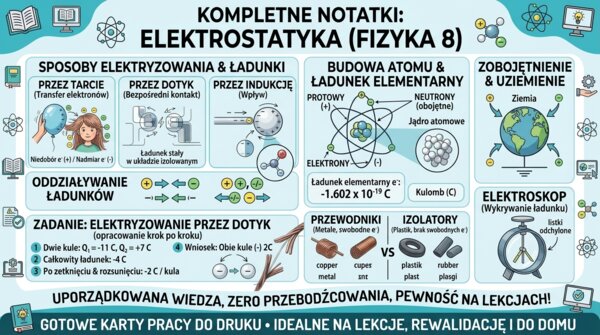 Tytuł Elektrostatyka – Notatki do Sprawdzianu: Ładunki, Indukcja, Budowa Atomu i Prawo Zachowania Ładunku (Fizyka 8)