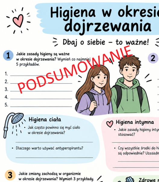 Higiena w okresie dojrzewania - edukacja zdrowotna - karta pracy kl. V-VII