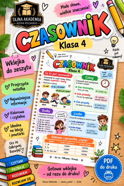 Czasownik – wklejka do zeszytu | Klasa 4 | Tajna Akademia Języka Polskiego | PDF