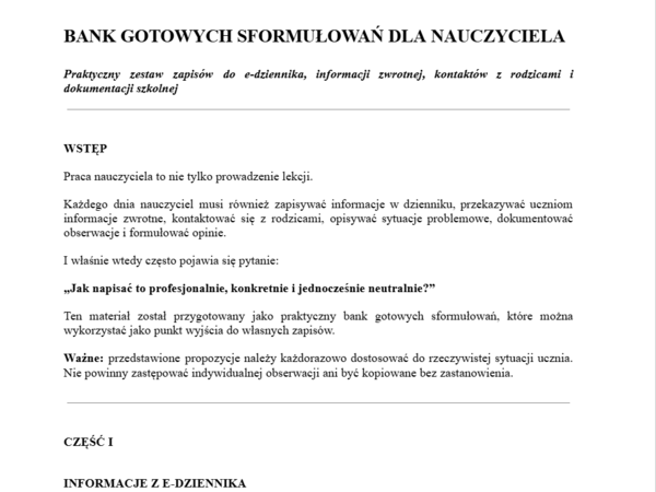 Bank gotowych sformułowań dla nauczyciela