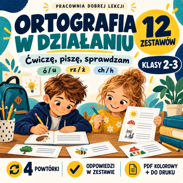 Ortografia w działaniu – karty pracy dla klas 2–3 | 12 zestawów + powtórki i odpowiedzi