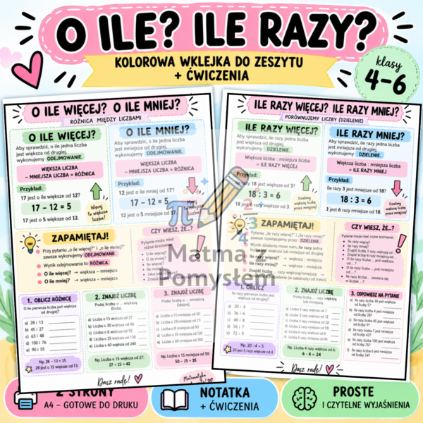 O ile więcej? O ile mniej? Ile razy więcej? Ile razy mniej? – wklejki do zeszytu + ćwiczenia | kl. 4–6