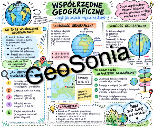 Współrzędne geograficzne - ćwiczenia,  geografia klasa 6 sketchnotka