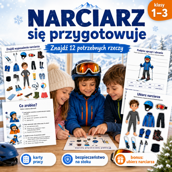 Narciarz się przygotowuje — znajdź 12 potrzebnych rzeczy
