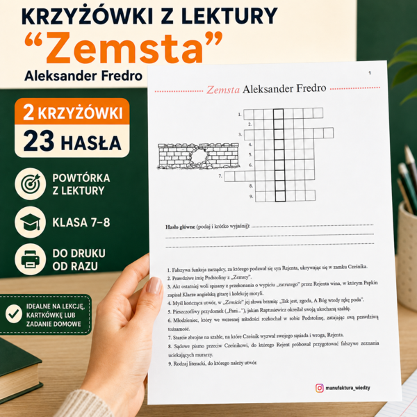 Krzyżówka z lektury „Zemsta” – 2 karty pracy | klasa 7–8 | powtórka i egzamin ósmoklasisty, powtórzenie