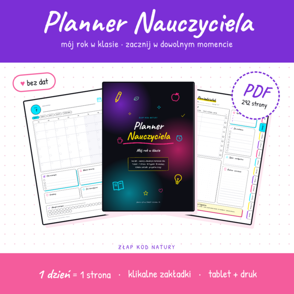 Interaktywny Planner Nauczyciela PDF (GoodNotes / Druk) | Niedatowany Organizator Wychowawcy A4 | Złap Kod Natury