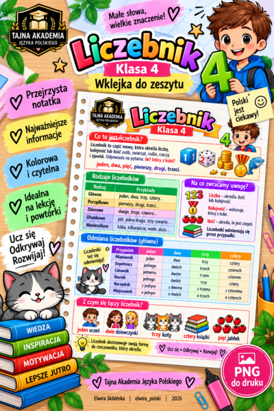 Liczebnik – wklejka do zeszytu | Klasa 4 | Tajna Akademia Języka Polskiego | PNG