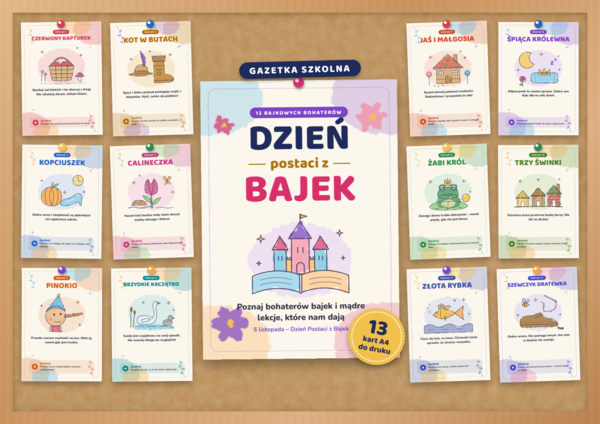 Dzień Postaci z Bajek – gazetka szkolna do druku | 13 kart A4 w stylu akwareli