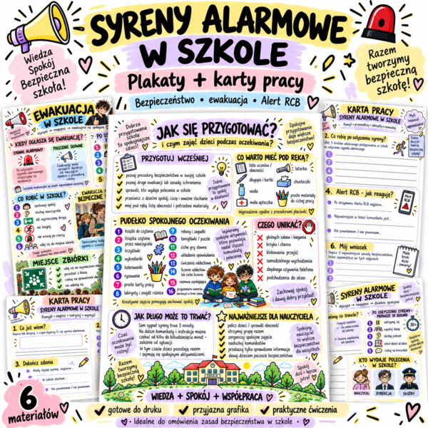 Syreny alarmowe w szkole – plakaty A1 A2 A3 A4 i scenariusz zajęć | Tydzień Bezpieczeństwa Alert RCB bezpieczeństwo uczniów