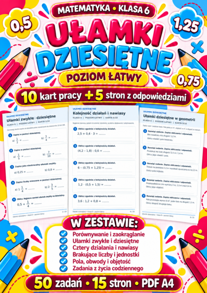 UŁAMKI  DZIESIĘTNE-ŁATWE-klasa 6