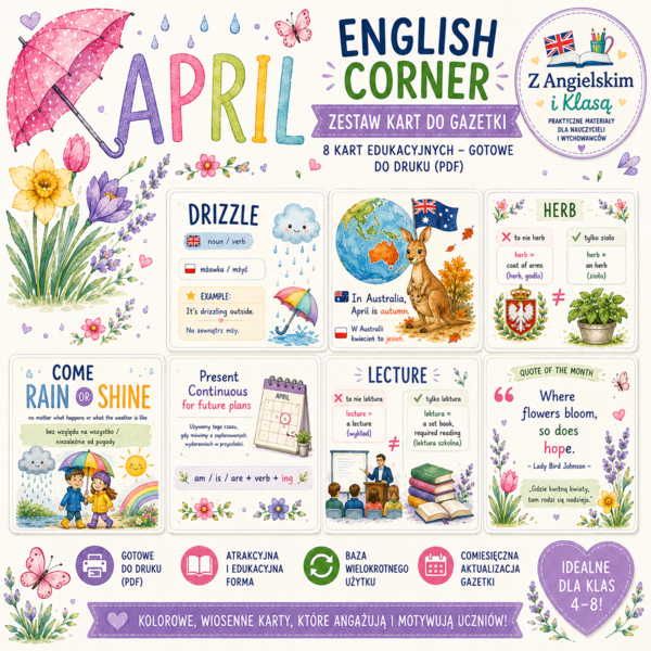 English Corner – KWIECIEŃ | Zestaw wymiennych kart do gazetki szkolnej | Dekoracja pracowni języka angielskiego PDF