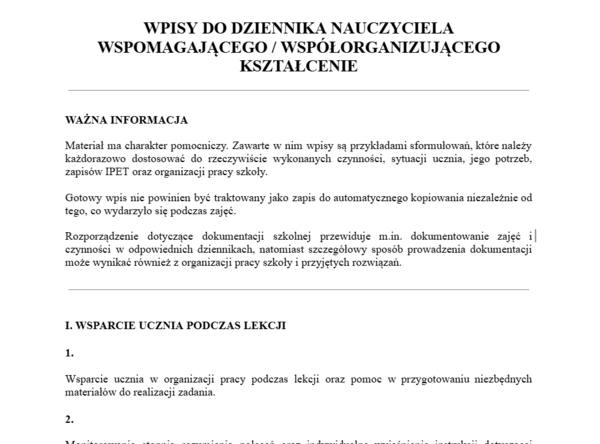 Wpisy do dziennika nauczyciela wspomagającego (2026-2027)