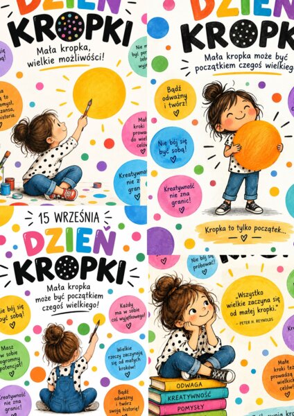 Zestaw 4 plakatów na Dzień Kropki — idealny do dekoracji klasy i świetlicy!
