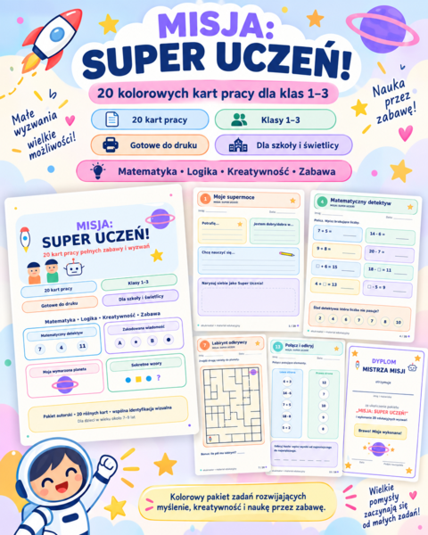 MISJA: SUPER UCZEŃ! – 20 kolorowych kart pracy dla klas 1–3