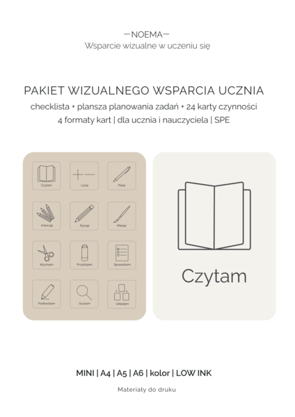 Pakiet wizualnego wsparcia ucznia |  checklista + plansza planowania zadań + 24 karty dla ucznia + 24 karty na tablicę | SPE