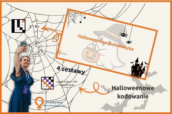 MEGA PAKIET. Halloweenowe kodowanie. 4 kodowanki, 64 zadania, dla klas 4-8. PDF + wersja cyfrowa.