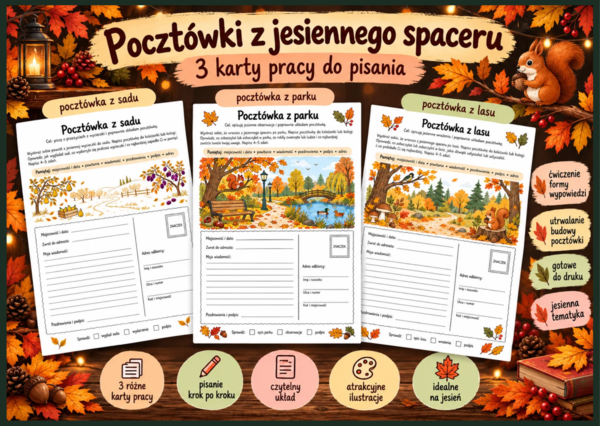 🍂 Pocztówki z jesiennego spaceru – 3 karty pracy z języka polskiego - klasy 3–5