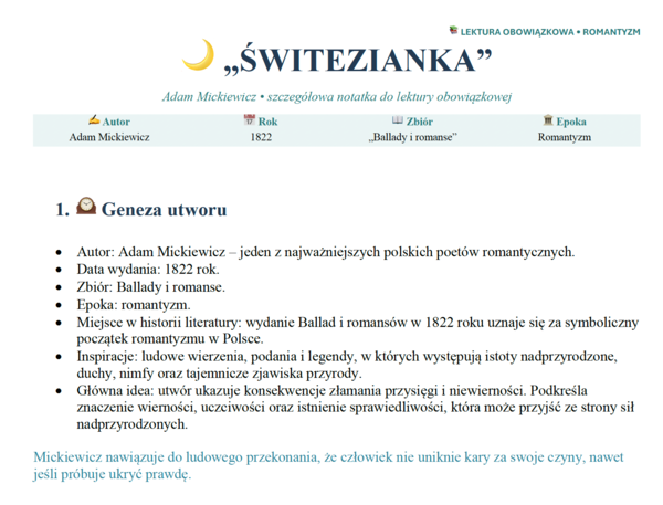 "Świtezianka" A. Mickiewicz - notatka dla ucznia