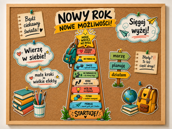 „NOWY ROK – NOWE MOŻLIWOŚCI!” – wielkoformatowa gazetka szkolna | drabina motywacyjna w 2 rozmiarach | 29 stron PDF