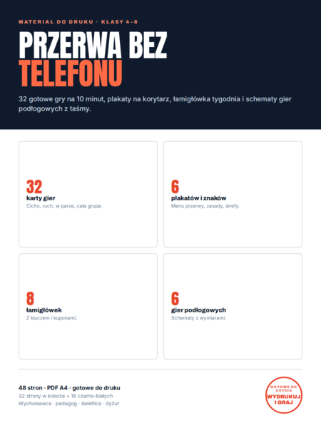 Przerwa bez telefonu – 32 gry na przerwę, klasy 4-8, do druku