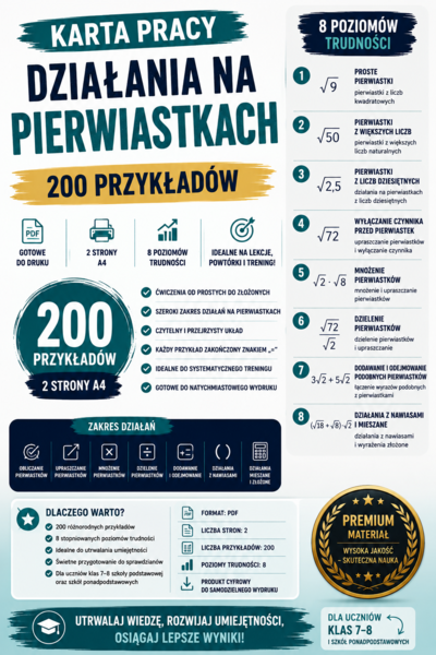 Karta pracy – działania na pierwiastkach | 200 przykładów | PDF do druku