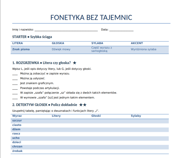 Fonetyka - karta pracy/sprawdzian