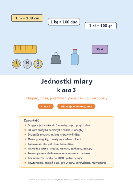 Jednostki miary klasa 3: długość, masa, pojemność, pieniądze – karty pracy