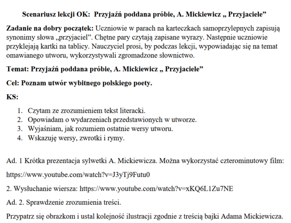 Scenariusz lekcji z wykorzystaniem strategii OK: A. Mickiewicz, Przyjaciele