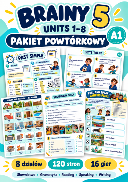 Brainy 5 – Units 1–8 | Pakiet powtórkowy A1 | 120 stron, karty pracy, sketchnotki i 16 gier