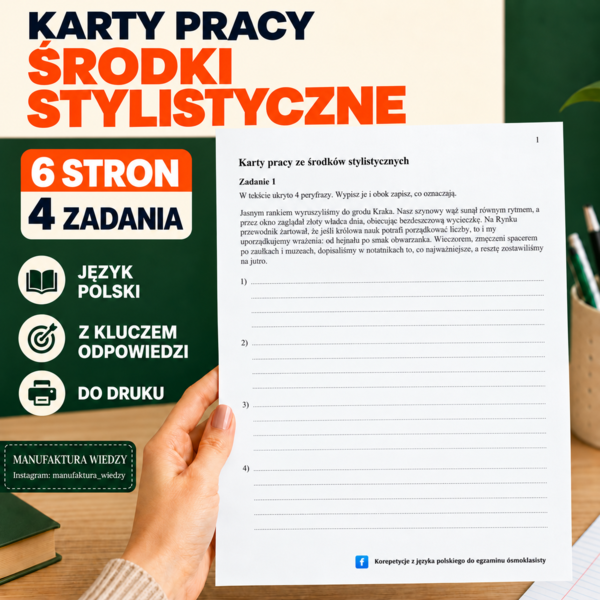 Środki stylistyczne – peryfraza, oksymoron i inne | karty pracy z odpowiedziami | klasy 7–8, egzamin ósmoklasisty