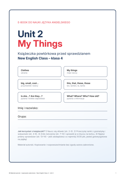 New English Class 4 – Unit 2 My Things | klasa 4 | e-book 15 stron + klucz