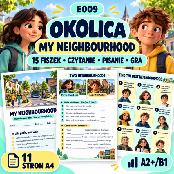 E009 Okolica – My Neighbourhood | fiszki, reading, writing i gra | E8