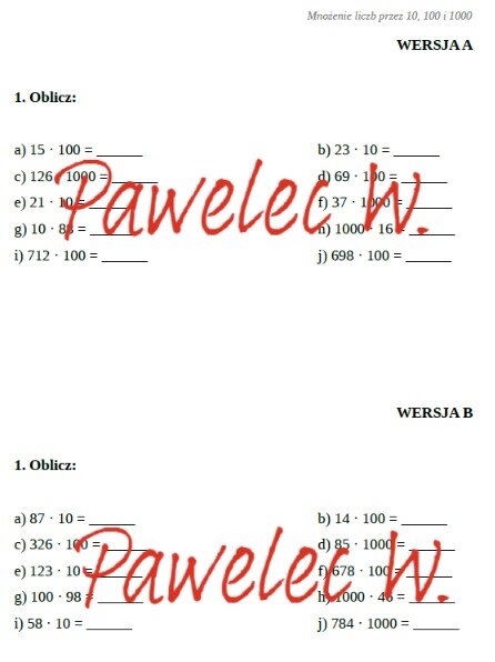 MNOŻENIE PRZEZ 10, 100 i 1000 - karta pracy, kartkówka, kl. 3, kl. 4, kl. 5