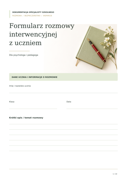 Formularz rozmowy interwencyjnej z uczniem, dla specjalistów, SOM, dokumenty psychologa/pedagoga, karty