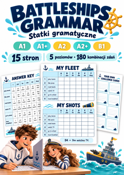 GRA Battleships Grammar – Statki gramatyczne | Angielski A1–B1 | 5 poziomów, 15 stron