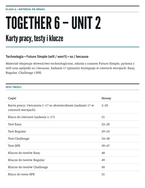 TOGETHER 6 – UNIT 2:  Pakiet  karty pracy,sprawdziany w 4 Poziomach + Wersja SPE