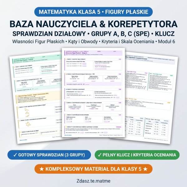Własności Figur Płaskich Klasa 5 – Kompletny Sprawdzian Działowy: Grupa A, B i C (Dostosowana SPE) + Pełny Klucz i Skala Ocen